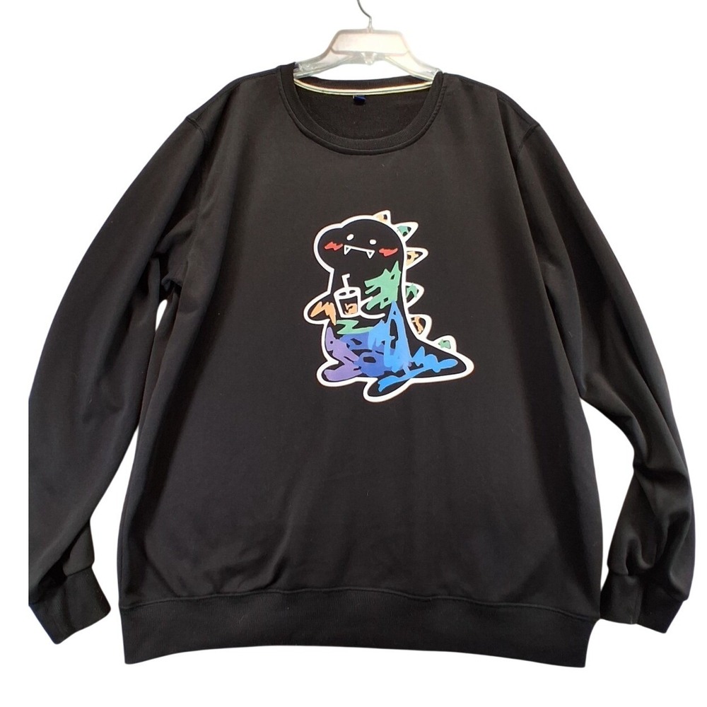 Dino Boba Drink Art Shein Black Pullover Sweatshirt Size XL Unisex